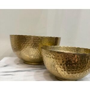 Vintage Hammered Brass Bowl Set India Large & Small Nesting Boho Decor Food Safe